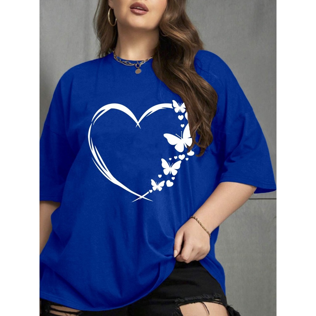 T Shirt Personalizada Estampada Borboleta Coração Delicado Estilosa Romântico Camisa Oversized Azul