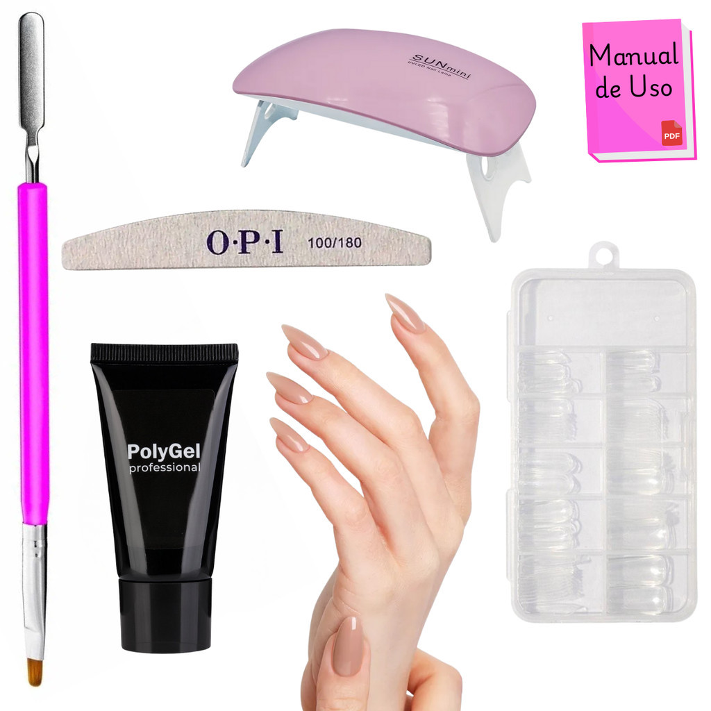 Kit Alongamento Poligel Polygel + 120 Molde F1 + Lixa + Mini Cabine De Unha + Pincel 02 em 1