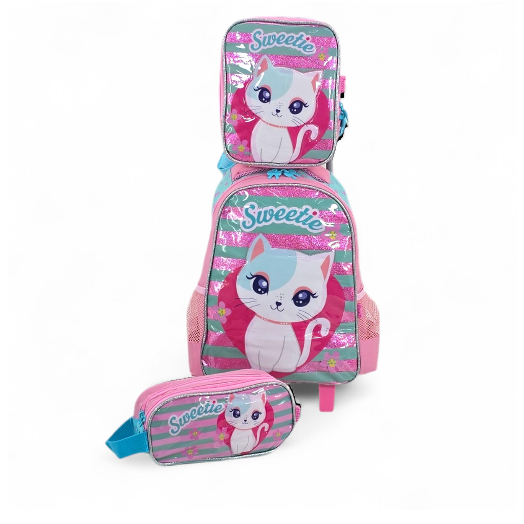 Kit mochila mochilete infantil creche maternal rodinha escolar lancheira estojo gatinha marie cat
