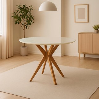 Mesa de Jantar Acássia Tampo em Mdf com Vidro e Base em Madeira 120 em Oferta na Shopee