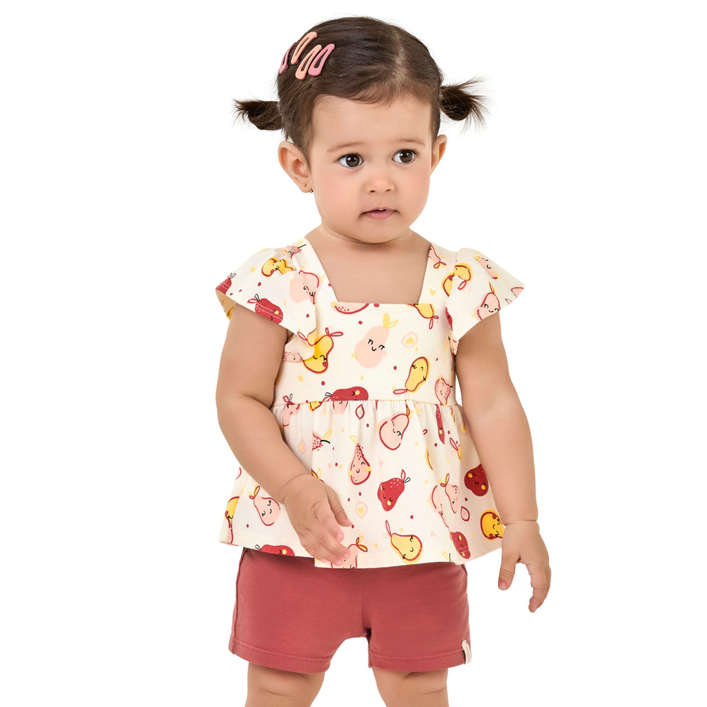Conjunto Curto Bebê Menina Frutas Elian Bege - Baby & Kids Fashion