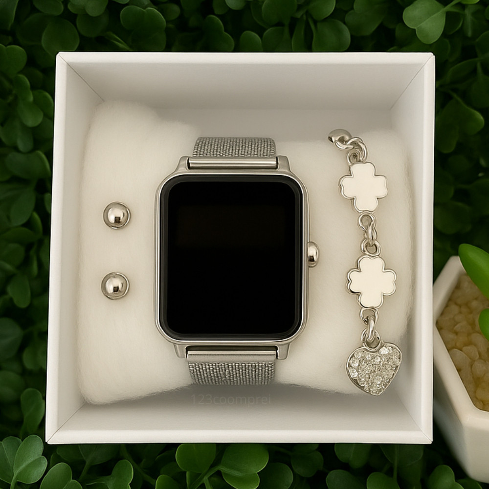 Kit Relógio Feminino Digital Led Com Pulseira e Brinco