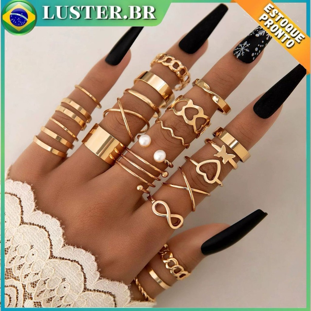 22 pçs Conjunto De Anel De Dourado Vintage Mulheres Conjunto De Anel De Dedo Joias Acessórios-Tamanhos:3/7/10/22 peças