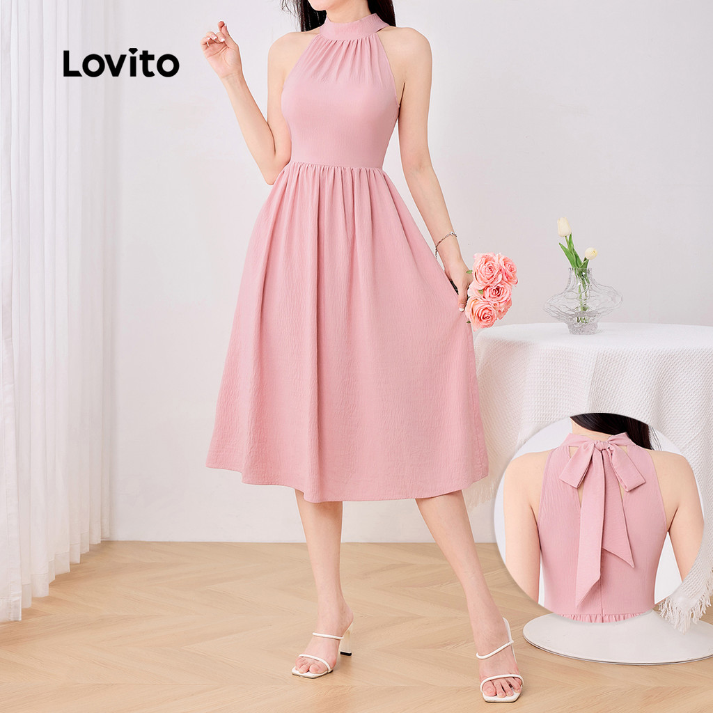 Lovito Vestido Casual de Primavera/Verão Rosa com Laço nas Costas e Tecido Suave para Mulheres LB134LD274 - Women Clothes