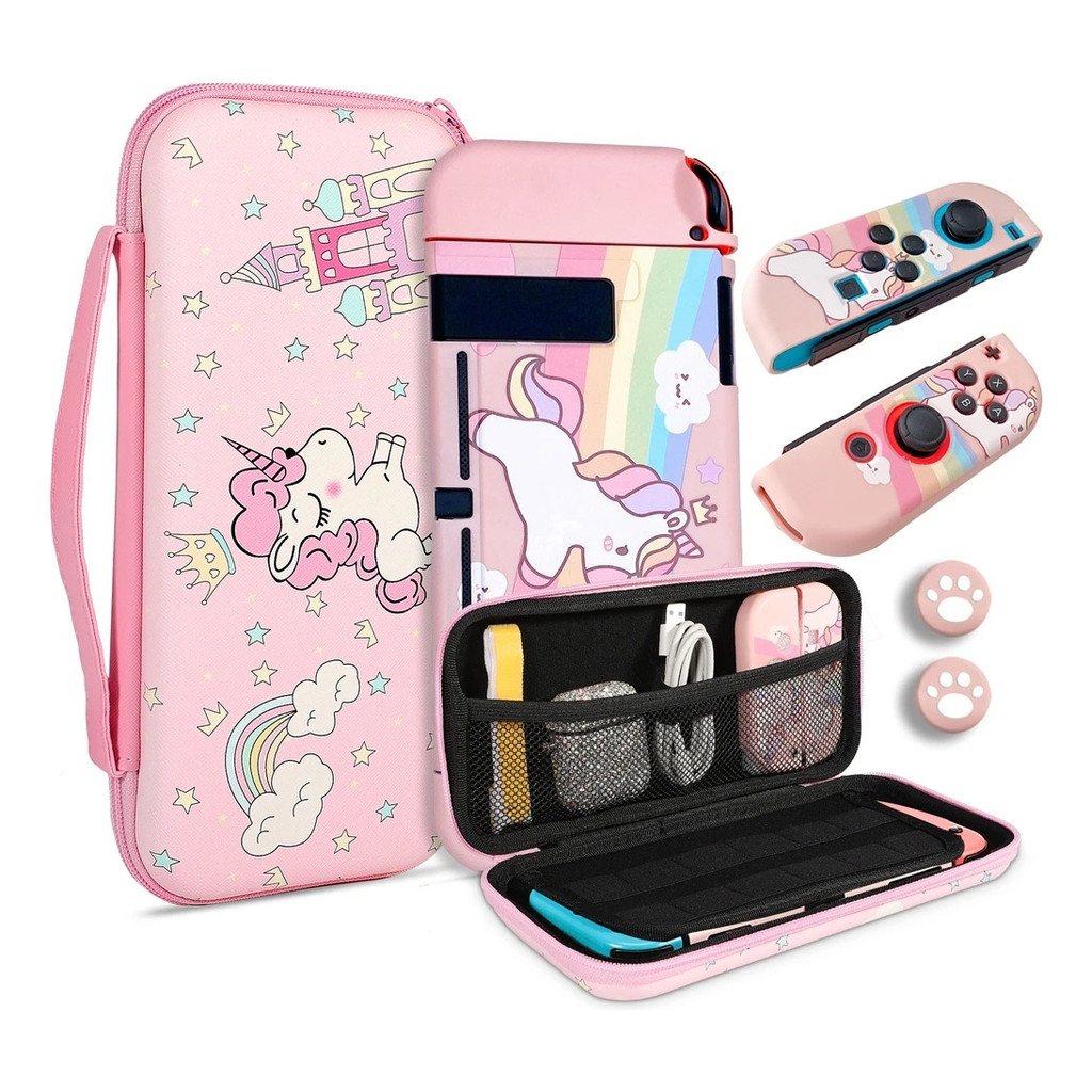 Capa Case Bolsa Viagem Transporte + Tpu Macio + Pelicula Vidro + Grips Unicórnio Compativel Nintendo Switch Padrão V1 V2