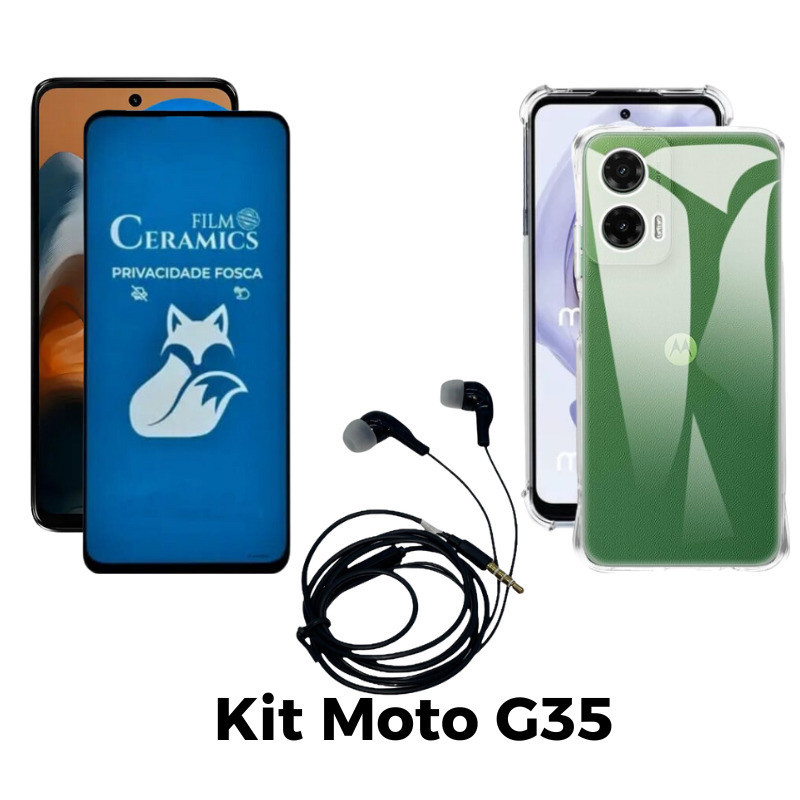 Kit Capa + Película Fosca Privacidade + Fone de Ouvido para Motorola Moto G35