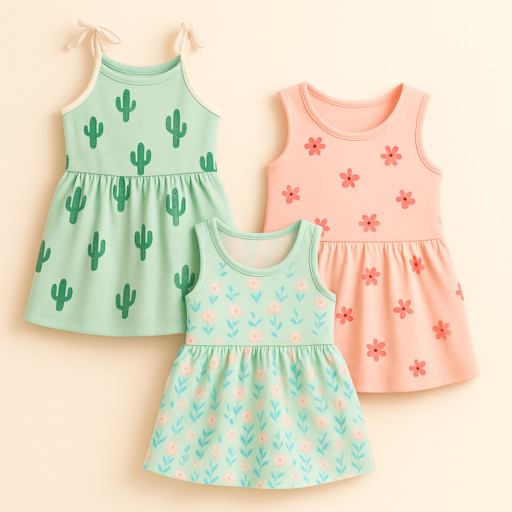 Kit 3 Vestido Bebe Menina Verão Estampados Algodão Premium - Kit Sortido Tamanhos 1 ao 8 Lançamento