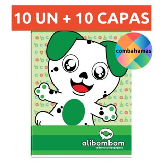 KIT 10 CADERNOS ALIBOMBOM BROCHURÃO, CAPA FLEXÍVEL, 60 FLS, 123, VERDE+ 10 CAPAS PLÁSTICAS PARA CADERNO