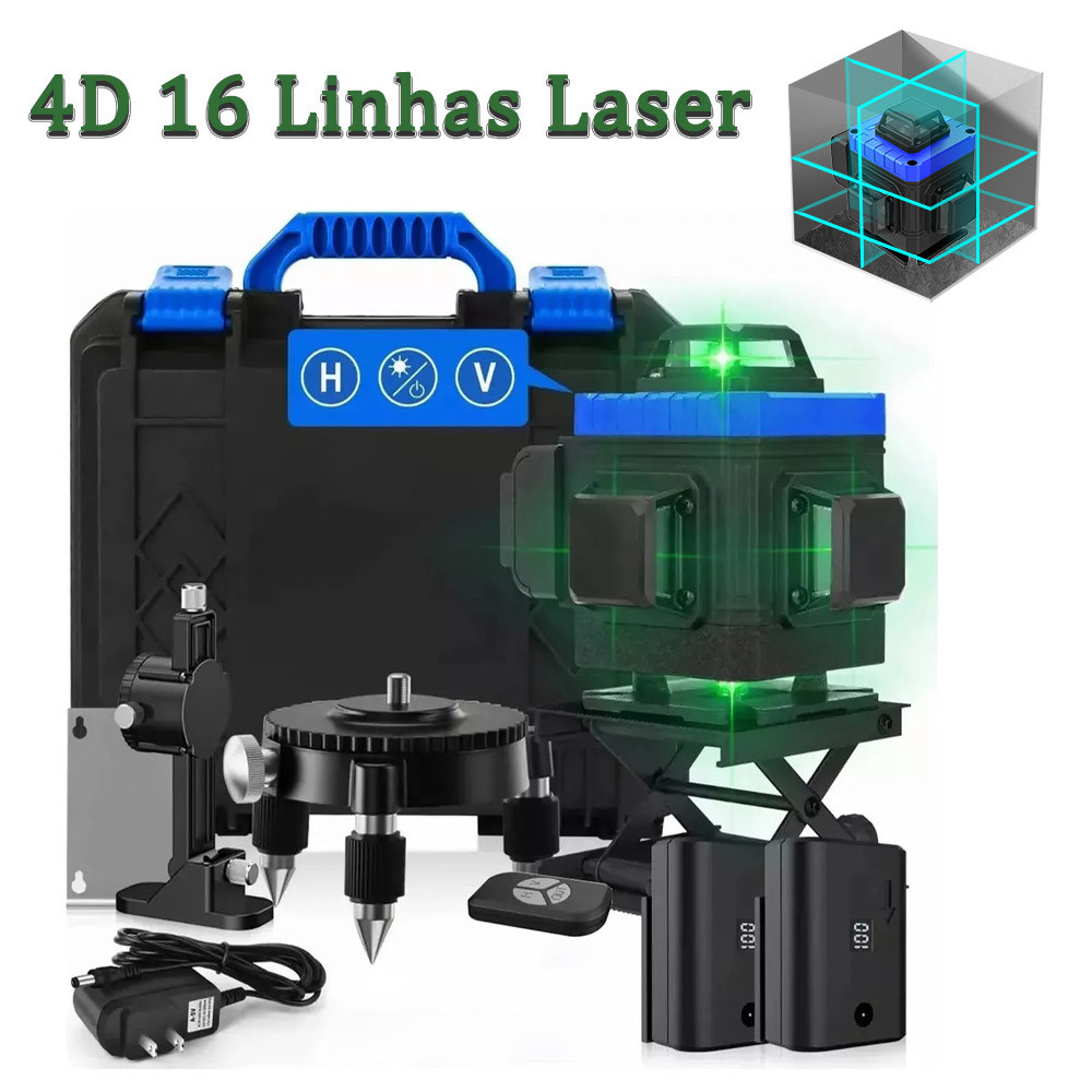 Nível De Laser Verde 4D De 16 Linhas Com Suporte E Duas Baterias em Oferta na Shopee