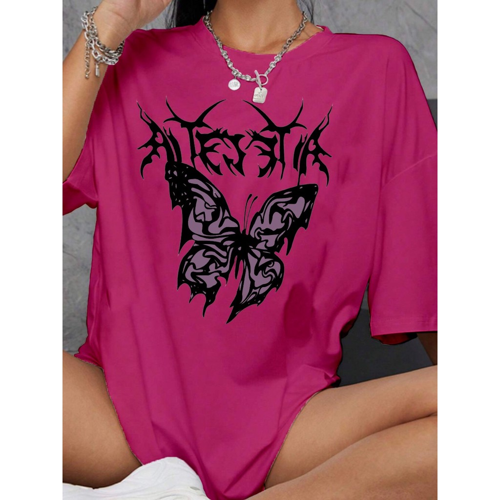 Camiseta Streetwear Oversized Feminina Life Style Sport Academia Fitness Estampada Borboleta Blusa