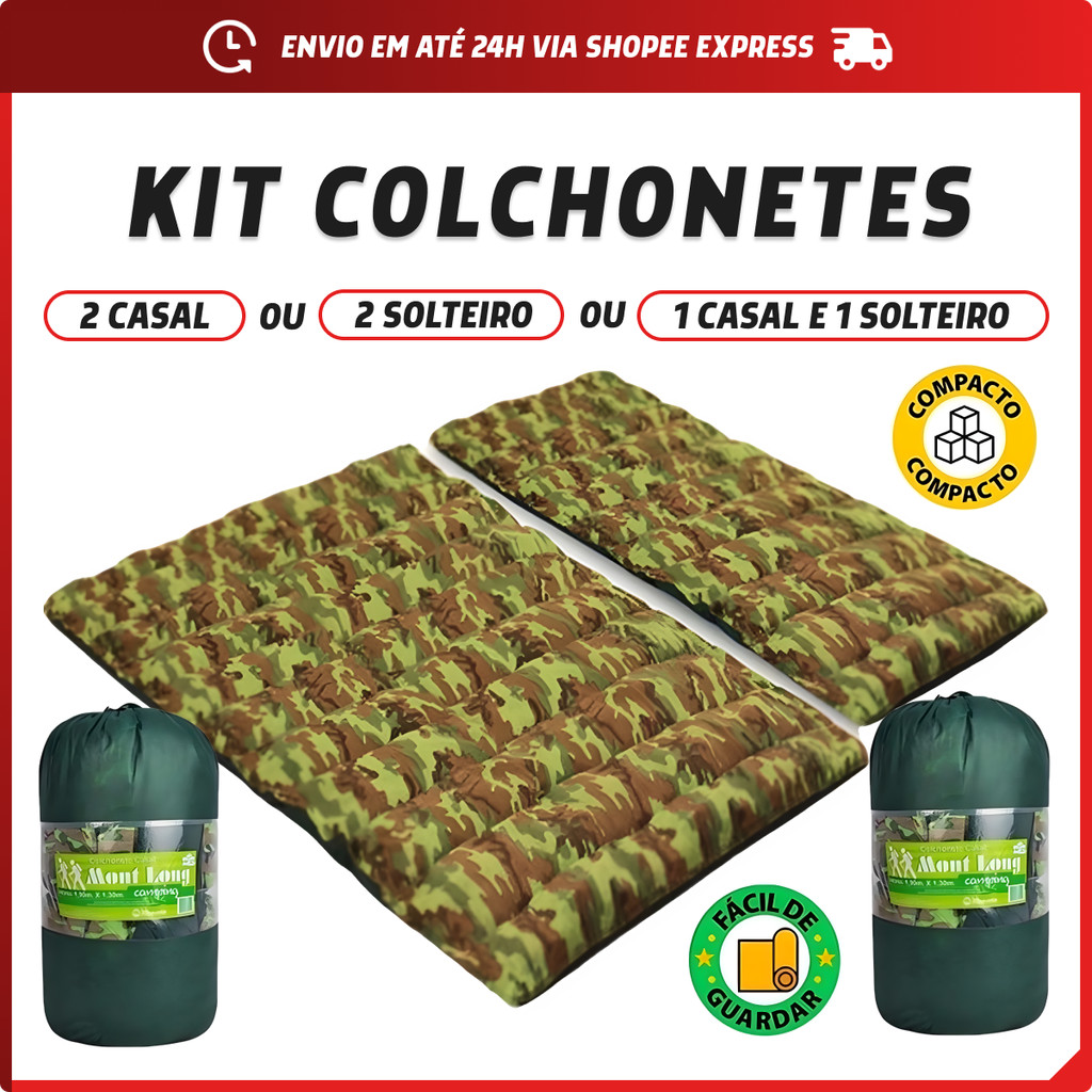 Kit com 2 Colchonete Acampamento Camping Casal 190x130 ou Solteiro 130x60 Colchão Dormir