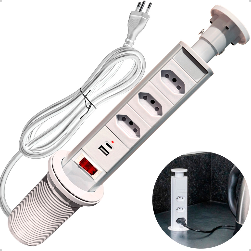 Torre 3 Tomadas 20A Multiplug Retrátil Bivolt USB C Embutir Mesa Bancada Pia Ilha Totem Deslizante