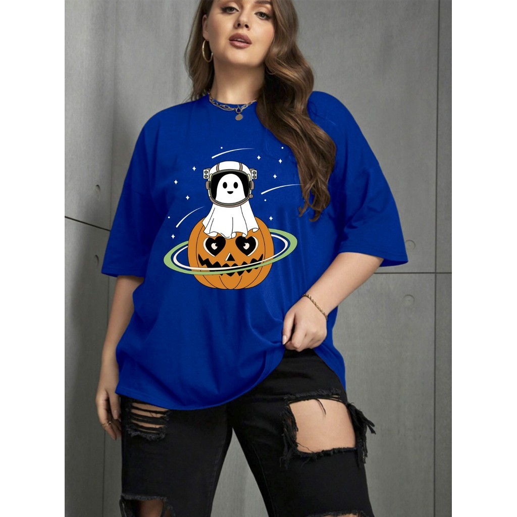 Camiseta Oversized Cor Azul Royal Unissex Halloween Estampado Abobora Fantasma Blusa Tumblr