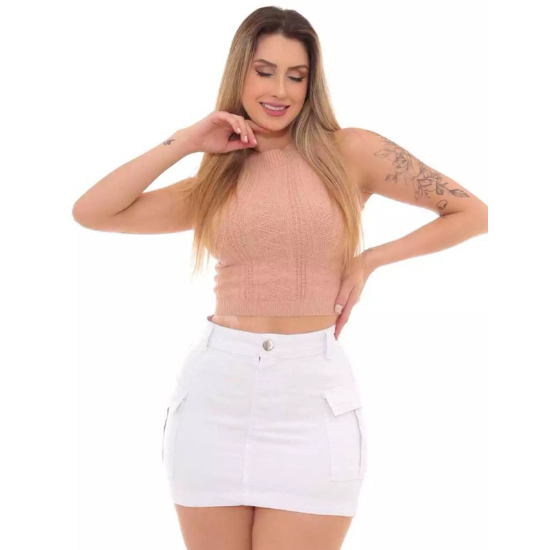 Saia Cargo Branca Curta Levanta Bumbum Com Elastano Moda Verão Blogueira Tendência