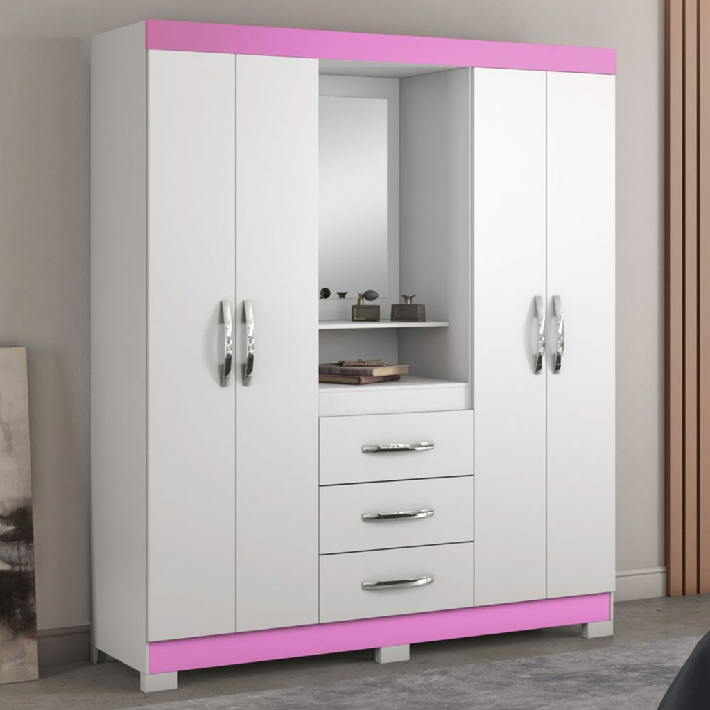 Guarda-Roupa Infantil 4 Portas 3 Gavetas Essen com Espelho Flex Rosa/Branco - Pnr Móveis em Oferta na Shopee