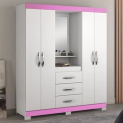 Guarda-Roupa Infantil 4 Portas 3 Gavetas Essen com Espelho Flex Rosa/Branco - Pnr Móveis