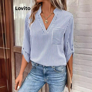 Lovito Blusa casual listrada com botões para mulheres LNL56073 em Oferta na Shopee