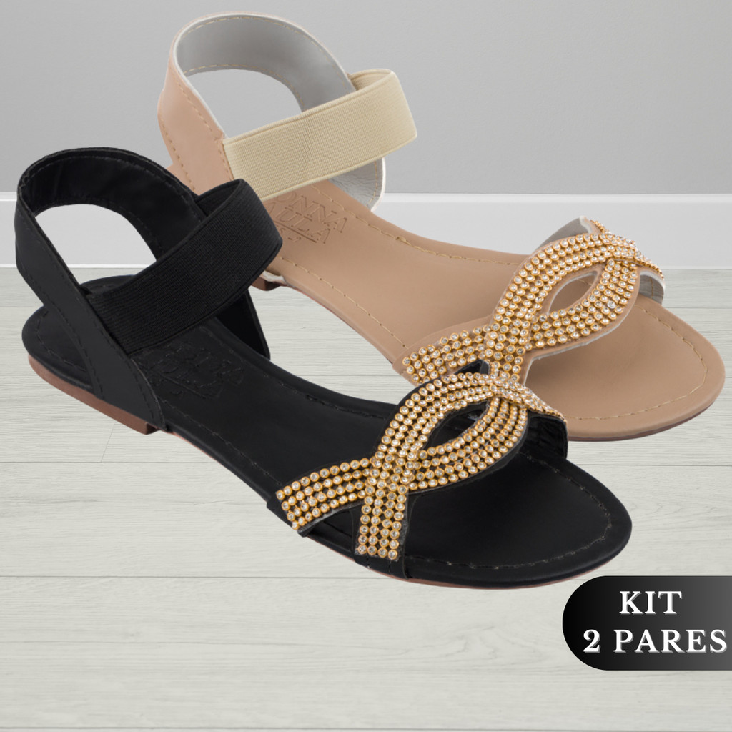 Sandália Feminina Rasteirinha Rasteira Feminina Kit 2 Pares Confortável Brilho Elástico Calcanhar Dia a Dia em Oferta na Shopee