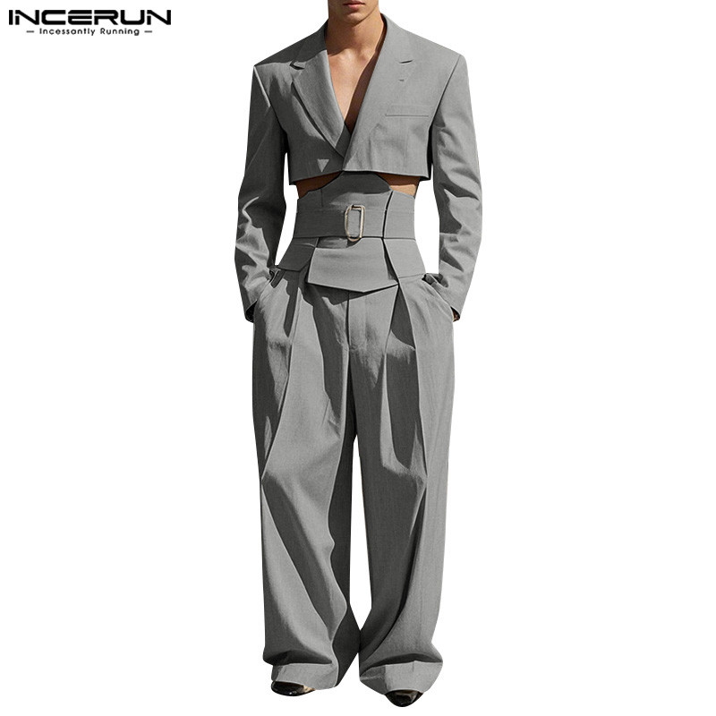 INCERUN Masculino Vintage Curto Blazer Casual Calças De Perna Larga Conjuntos De Duas Peças