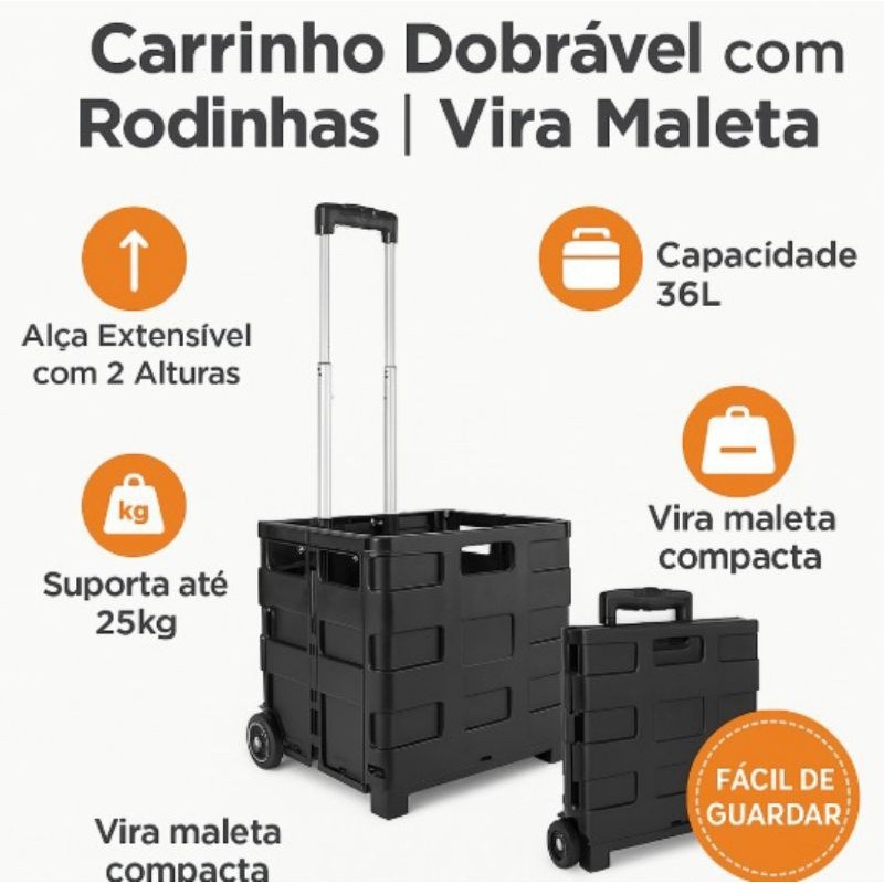 Carrinho Dobrável com Rodinhas Emborrachadas Fácil Transporte - Vira Maleta