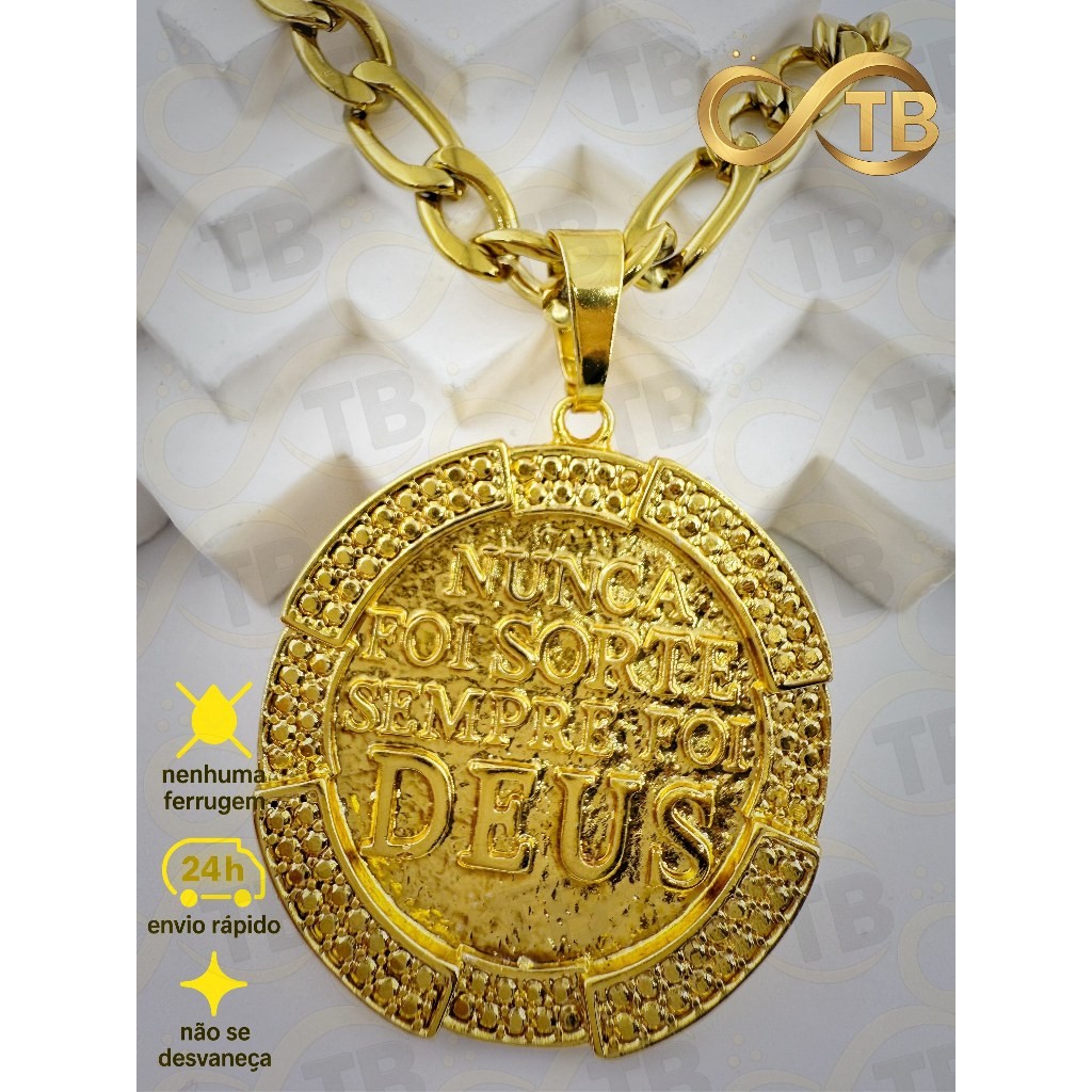 TB Moda Colar Bastão com Medalhão Cravejado - "Nunca é Sorte, é Sempre Deus", Banhado a Ouro 18K em Oferta na Shopee