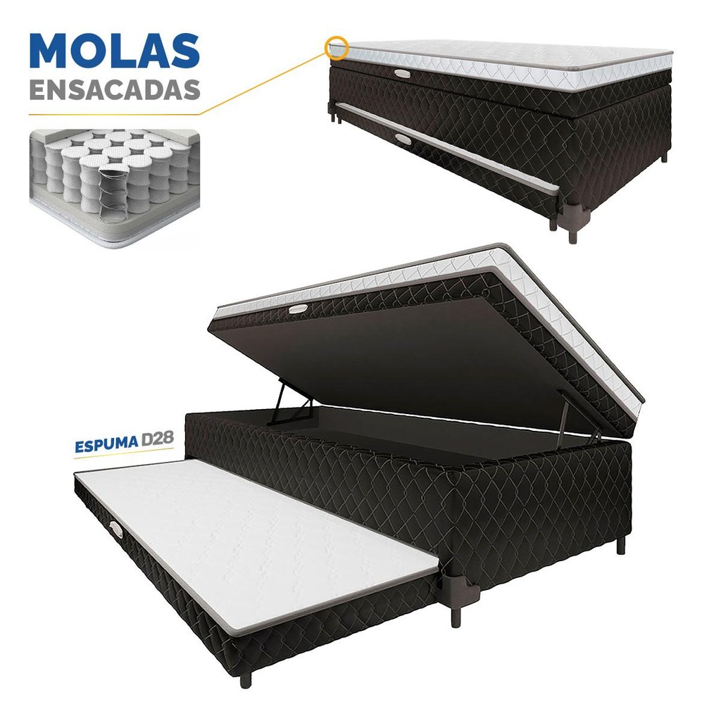 Cama Box Baú com Colchão de Molas Ensacadas acoplado e Auxiliar de Espuma Lyon Solteiro 88cm em Oferta na Shopee