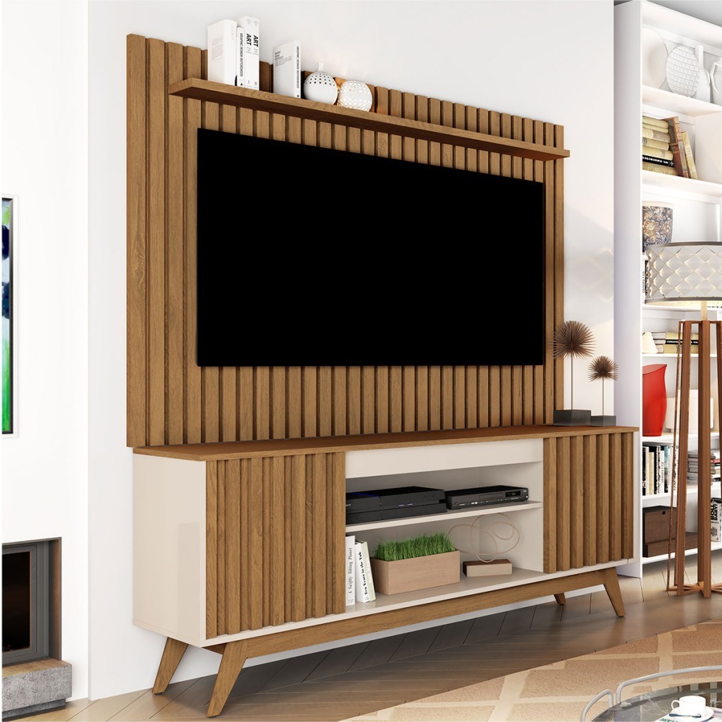 Rack com Painel para TV Até 65 Polegadas éter 2 Portas Ripado Off White/Freijó - Pnr Móveis em Oferta na Shopee