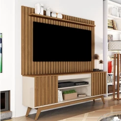 Rack com Painel para TV Até 65 Polegadas éter 2 Portas Ripado Off White/Freijó - Pnr Móveis