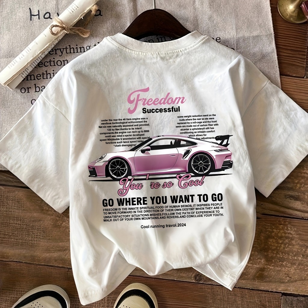 Camiseta com estampa de carro, manga curta, gola redonda, top casual para verão e primavera, roupas femininas em Oferta na Shopee