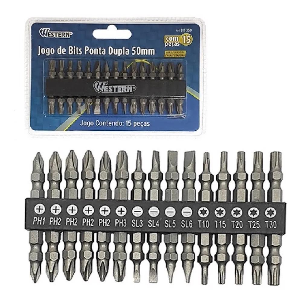 Kit Jogo De Bits Ponta Dupla 50mm 15 Peças Furadeira Parafusadeira Fenda Philips Torx