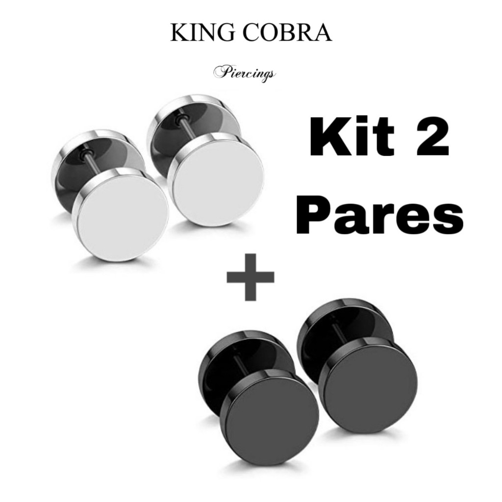 Kit 2 Pares Brinco Falso Alargador Preto e Prata Masculino feminino unissex KA429