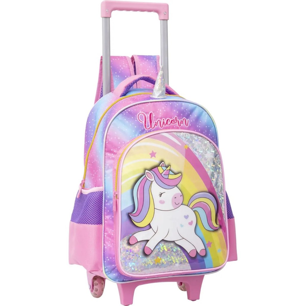 Kit Mochila Rodinhas Unicórnio Lancheira e Estojo Yepp