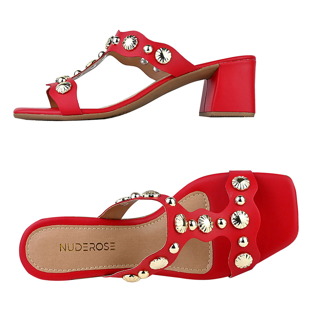 Tamanco Feminino Conforto Salto Grosso Bloco com ABS Spike Tachas