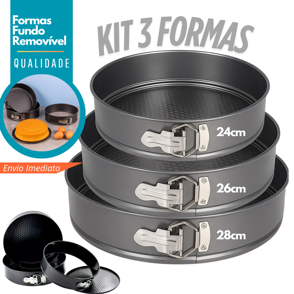 Kit 3 Formas com Fundo Removível Antiaderente para Torta Bolo Assadeira Bolos Tortas Redonda