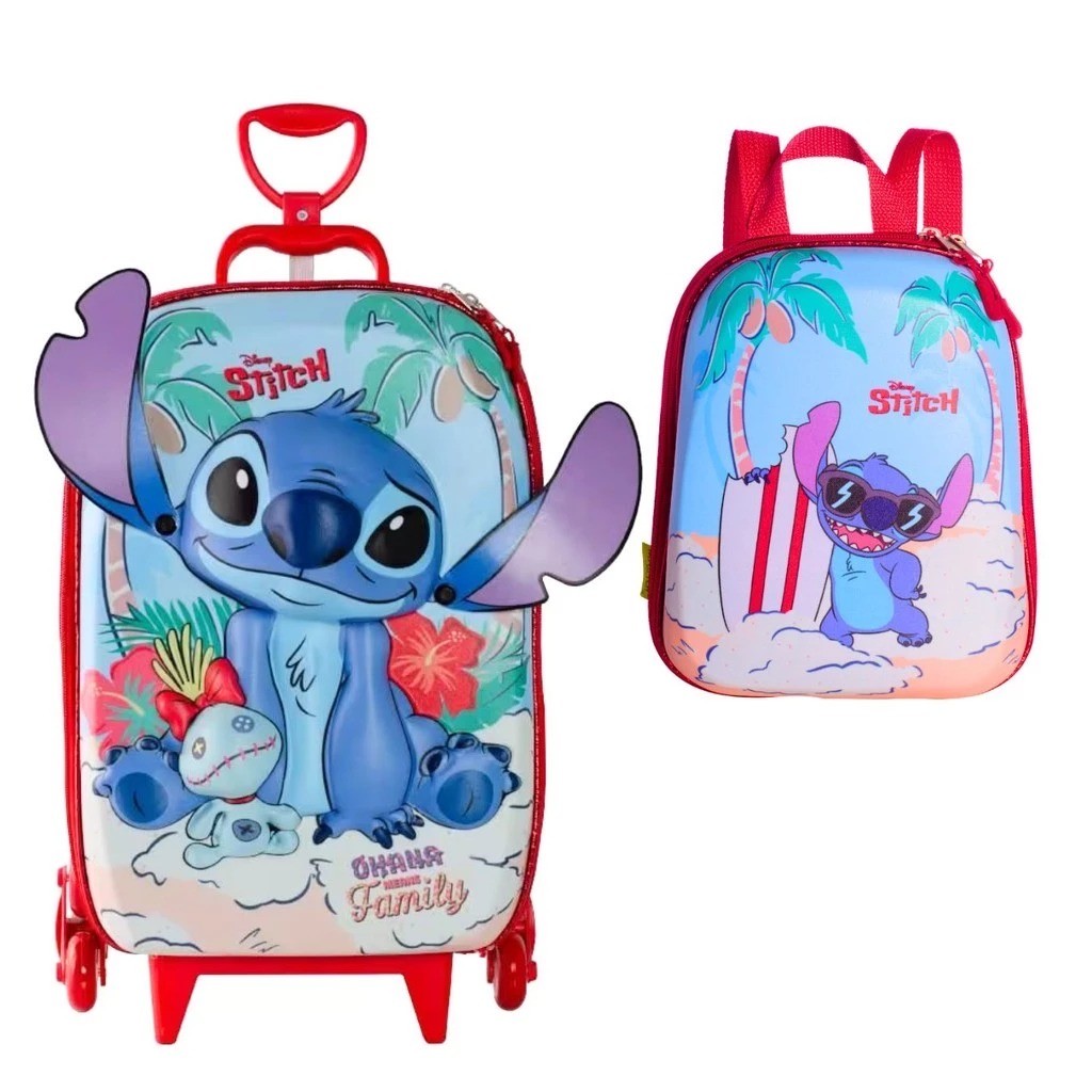 Kit Mochila Escolar 3 D Rodinha + Lancheira Stitch Praia