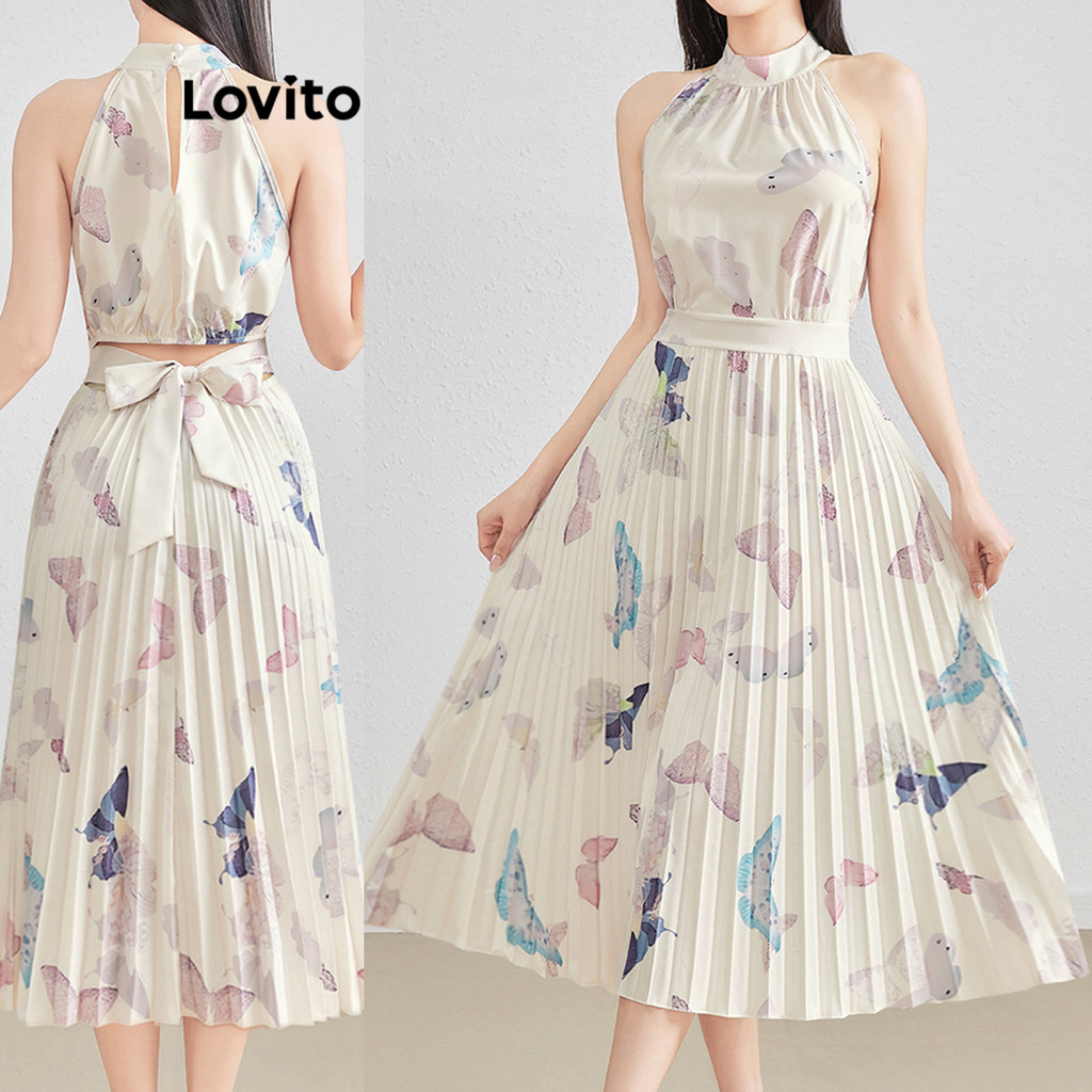 (Trendy) Lovito Vestido Elegante Floral Plissado Vestido De Verão Para Mulheres L121MDD155 em Oferta na Shopee