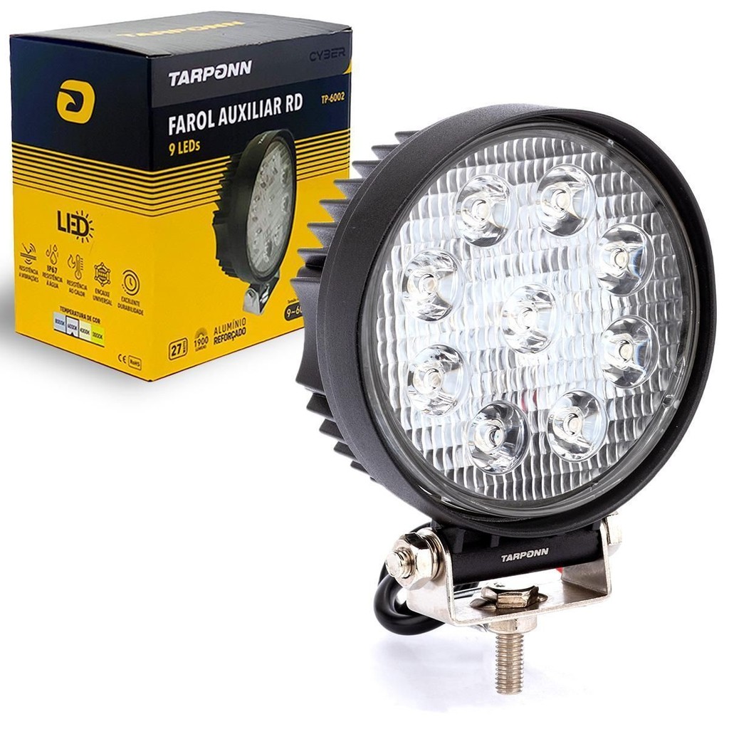 Farol Auxiliar Redondo 9 Leds Cyber 27w 9-60v 6000k Tarponn - Spare Parts and Accessories for Vehicles