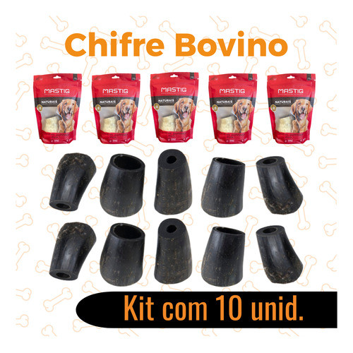 Kit c/ 10 unid. Chifre Bovino Mastig Mordedor Natural P/ Caes Osso Petisco
