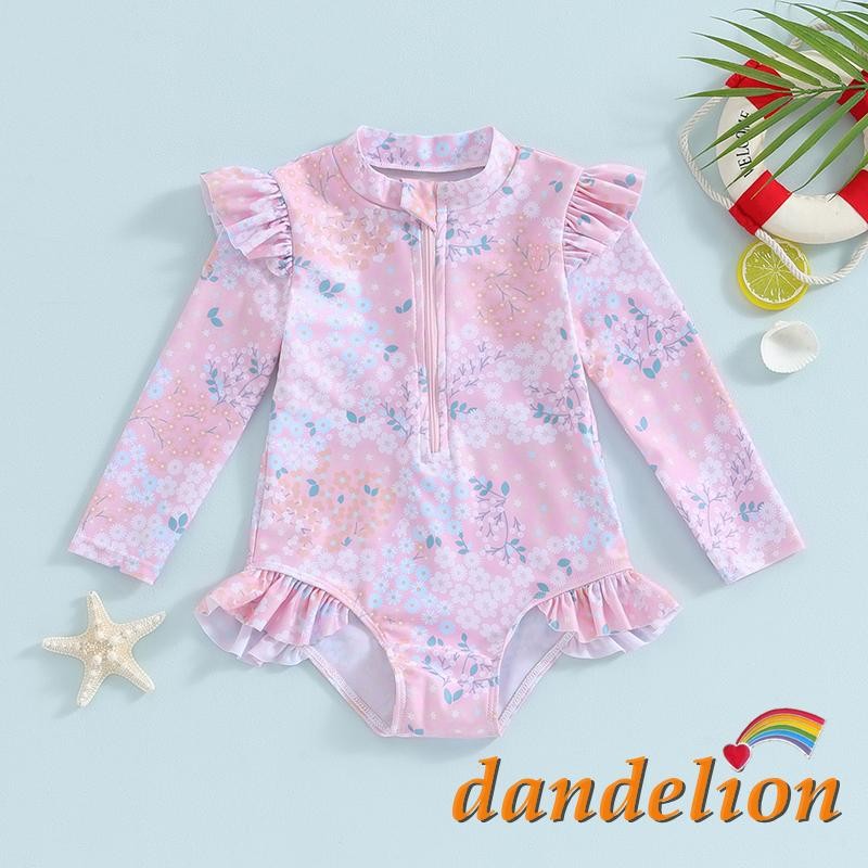 9 Meses-5 Anos Crianças/Bebê Menina Maiôs Verão Plissado Floral Impressão Mangas Compridas Zíper Macacão Beachwear Para 
