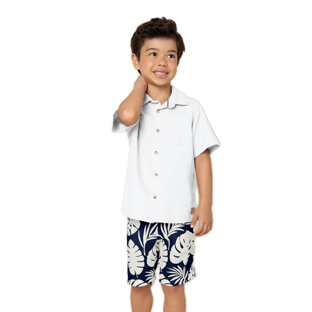 Conjunto Meninos Linho Camisa Branca e Bermuda Folhas Azul Marinho Milon