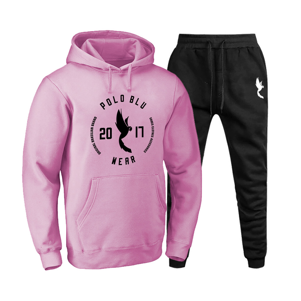 Conjunto Blusa Casaco Calça Moleton Confortável Rosa