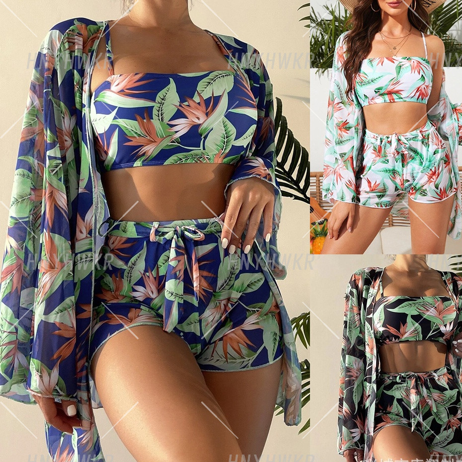 feminino conjunto de quatro peças cintura alta manga comprida Boxer biquíni/camisa protetor