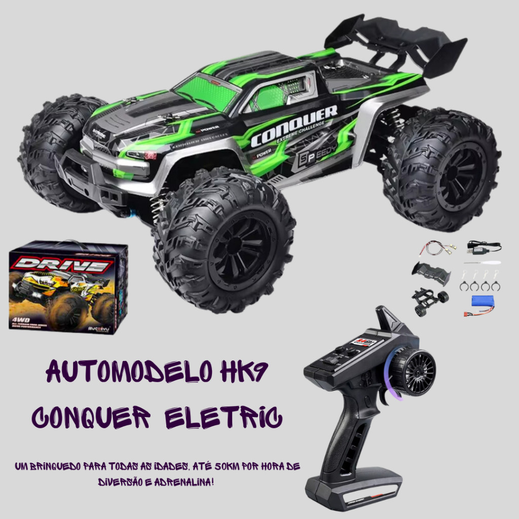 Carrinho de Controle Remoto 4X4 Jeep Automodelo RC Competição Conquer 50KM/H 1X Bateria OffRoad 1:16
