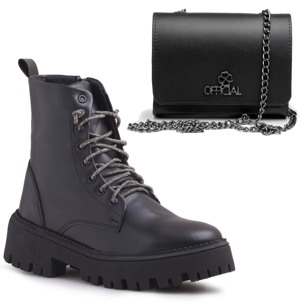 Kit Coturno Feminino + Bolsa Pequena Transversal de Ombro Corrente Balada Bota Tratorada Blogueira
