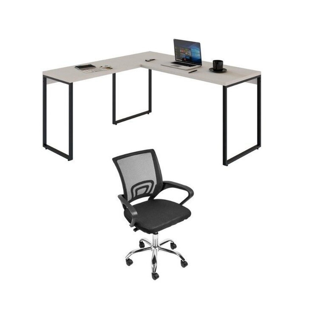 Conjunto 2 Peças com Mesa Escritório em L Industrial 150cm Kuadra e Cadeira de Diretor Santiago Bege Branco Chess