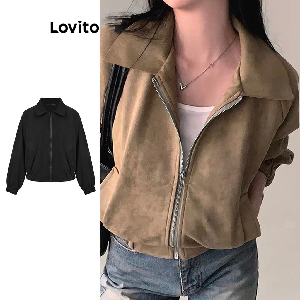 Lovito Jaqueta Feminina Casual Lisa Com Zíper Para Outono/inverno Lne30129 (marrom) em Oferta na Shopee