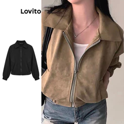 Lovito Fecho Frontal Casual Jaqueta Feminina Lisa Solta Com Zíper Para Outono/inverno LNE30129 (marrom)
