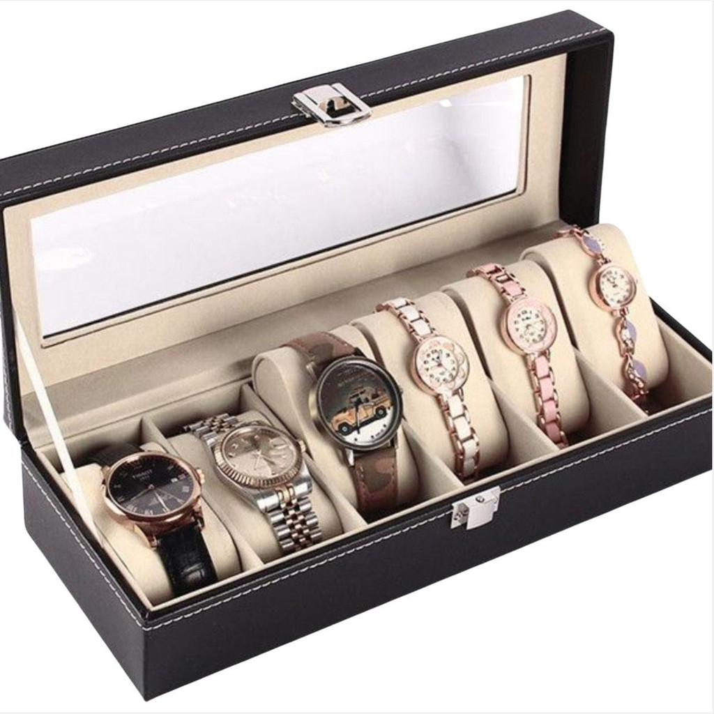 Estojo Porta 6 Relógio Masculino Feminino Organizador Viagem maleta com trava Couro Sintetico preto