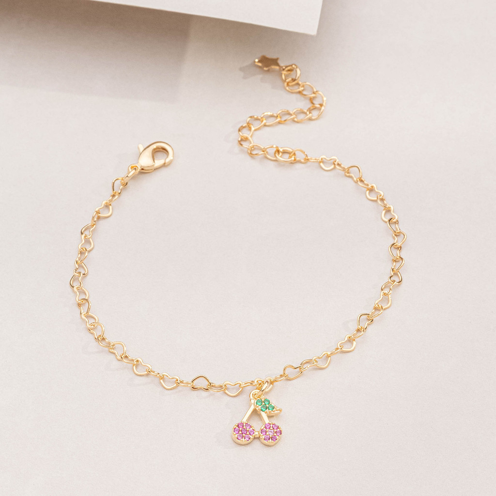 Pulseira Infantil Cereja Cravejada Colorida Banhado Ouro 18K