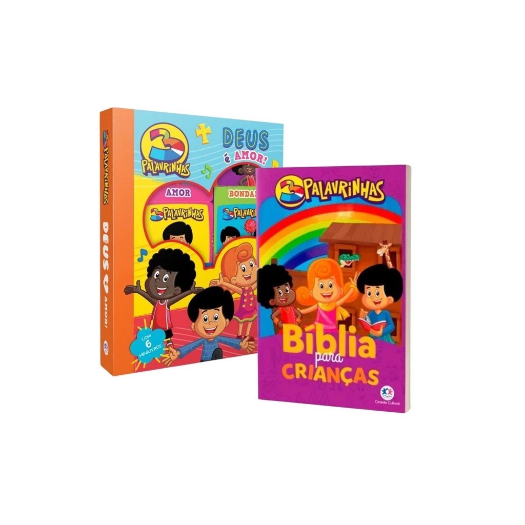 Kit 2 Livros | Bíblia para crianças 3 Palavrinhas + Box com 6 Minilivros 3 Palavrinhas Deus é amor